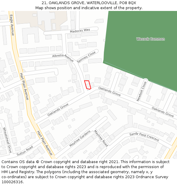 21, OAKLANDS GROVE, WATERLOOVILLE, PO8 8QX: Location map and indicative extent of plot