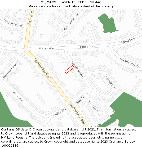 21, OAKWELL AVENUE, LEEDS, LS8 4AQ: Location map and indicative extent of plot