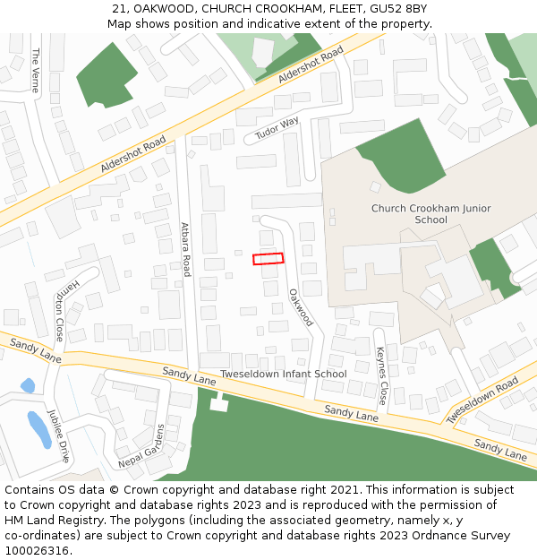 21, OAKWOOD, CHURCH CROOKHAM, FLEET, GU52 8BY: Location map and indicative extent of plot