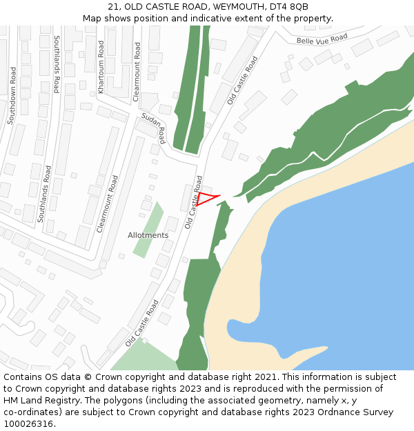 21, OLD CASTLE ROAD, WEYMOUTH, DT4 8QB: Location map and indicative extent of plot