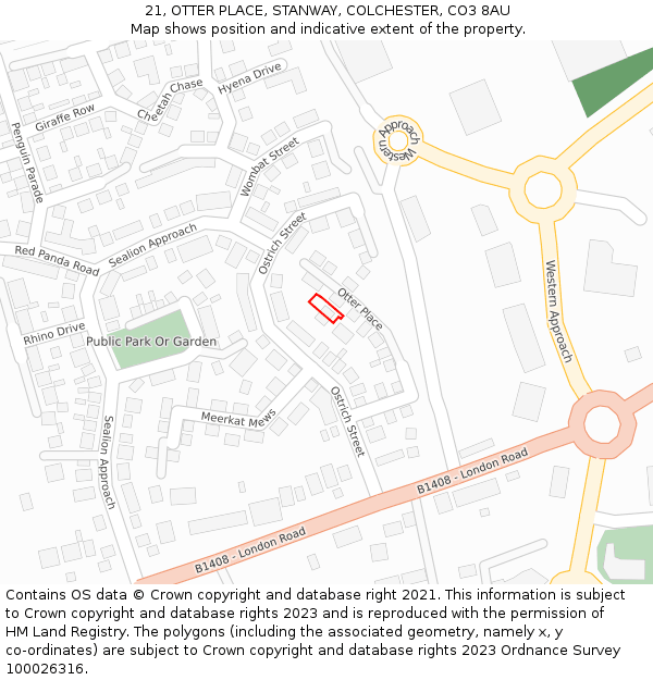 21, OTTER PLACE, STANWAY, COLCHESTER, CO3 8AU: Location map and indicative extent of plot