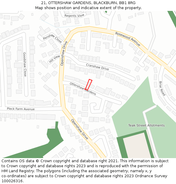 21, OTTERSHAW GARDENS, BLACKBURN, BB1 8RG: Location map and indicative extent of plot