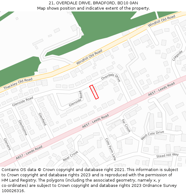21, OVERDALE DRIVE, BRADFORD, BD10 0AN: Location map and indicative extent of plot