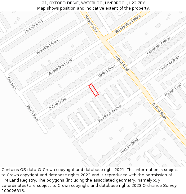 21, OXFORD DRIVE, WATERLOO, LIVERPOOL, L22 7RY: Location map and indicative extent of plot