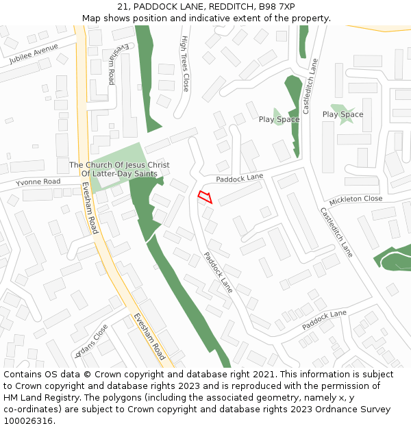 21, PADDOCK LANE, REDDITCH, B98 7XP: Location map and indicative extent of plot