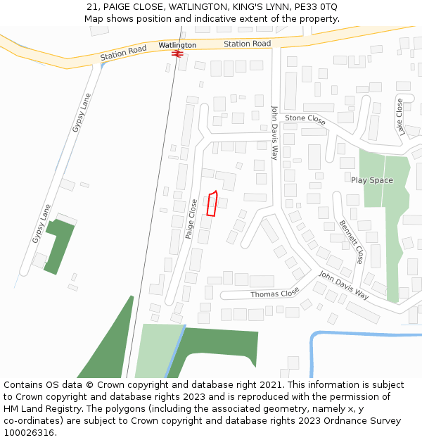 21, PAIGE CLOSE, WATLINGTON, KING'S LYNN, PE33 0TQ: Location map and indicative extent of plot
