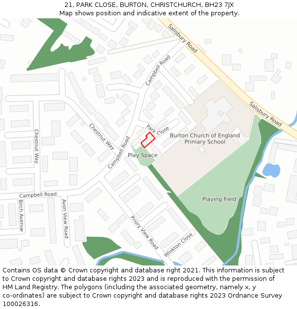 21, PARK CLOSE, BURTON, CHRISTCHURCH, BH23 7JX: Location map and indicative extent of plot