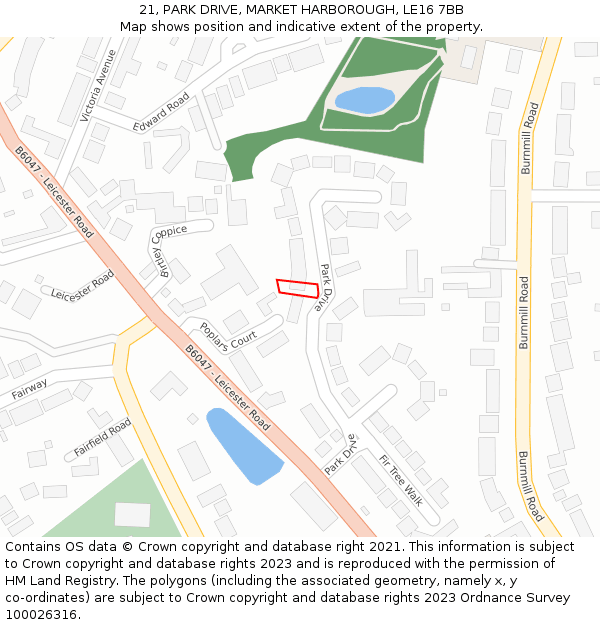 21, PARK DRIVE, MARKET HARBOROUGH, LE16 7BB: Location map and indicative extent of plot
