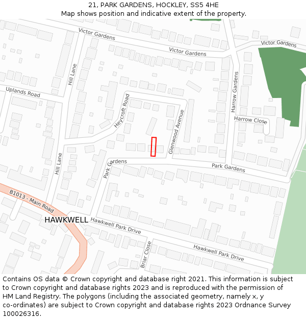 21, PARK GARDENS, HOCKLEY, SS5 4HE: Location map and indicative extent of plot