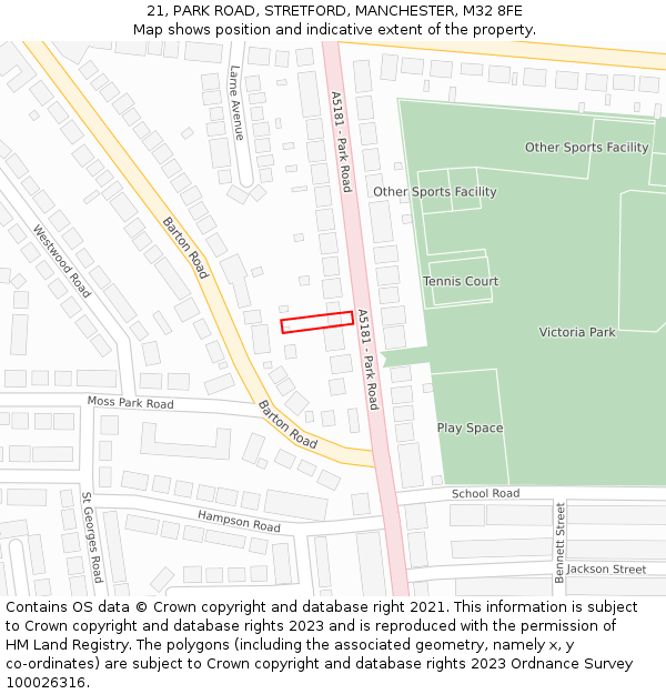 21, PARK ROAD, STRETFORD, MANCHESTER, M32 8FE: Location map and indicative extent of plot