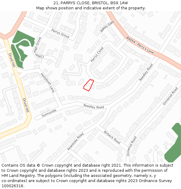 21, PARRYS CLOSE, BRISTOL, BS9 1AW: Location map and indicative extent of plot