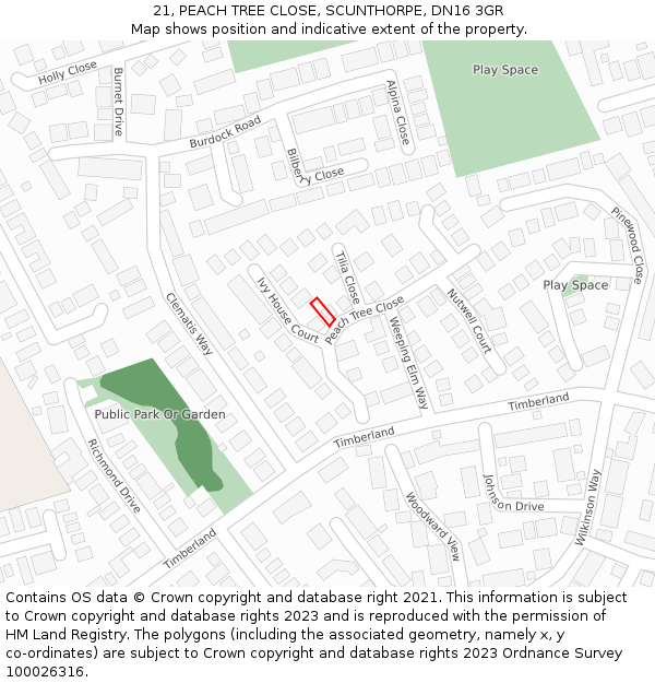 21, PEACH TREE CLOSE, SCUNTHORPE, DN16 3GR: Location map and indicative extent of plot
