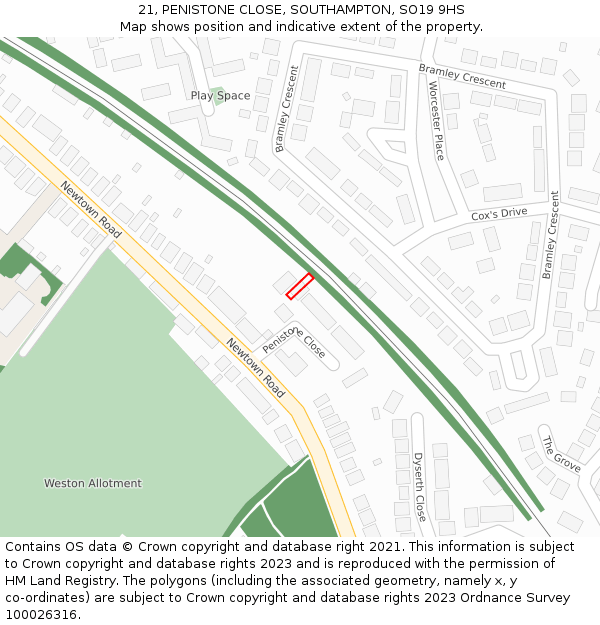 21, PENISTONE CLOSE, SOUTHAMPTON, SO19 9HS: Location map and indicative extent of plot
