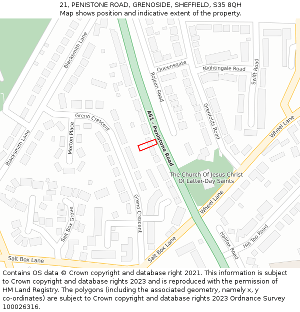 21, PENISTONE ROAD, GRENOSIDE, SHEFFIELD, S35 8QH: Location map and indicative extent of plot
