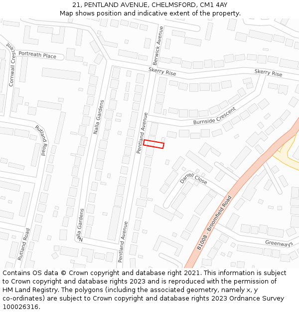 21, PENTLAND AVENUE, CHELMSFORD, CM1 4AY: Location map and indicative extent of plot