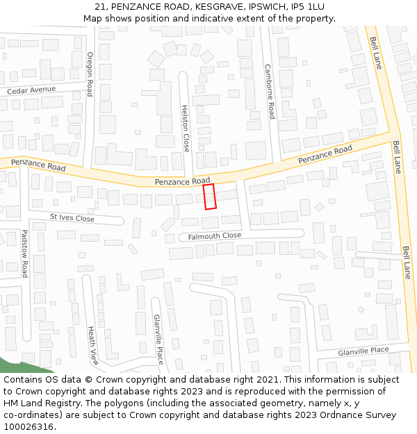 21, PENZANCE ROAD, KESGRAVE, IPSWICH, IP5 1LU: Location map and indicative extent of plot
