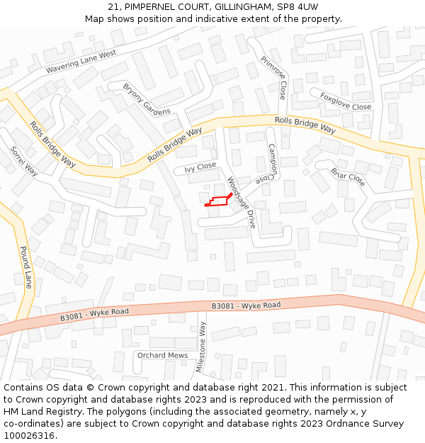 21, PIMPERNEL COURT, GILLINGHAM, SP8 4UW: Location map and indicative extent of plot