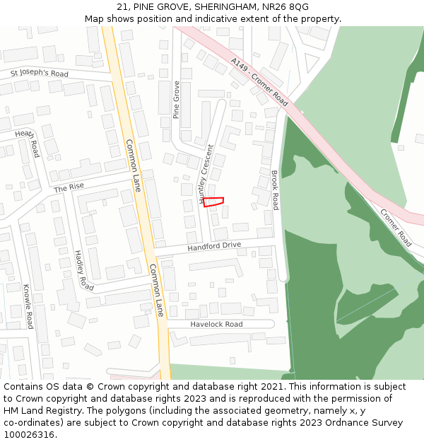 21, PINE GROVE, SHERINGHAM, NR26 8QG: Location map and indicative extent of plot