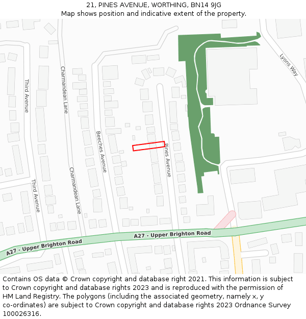 21, PINES AVENUE, WORTHING, BN14 9JG: Location map and indicative extent of plot
