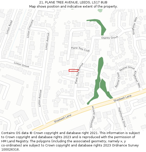 21, PLANE TREE AVENUE, LEEDS, LS17 8UB: Location map and indicative extent of plot