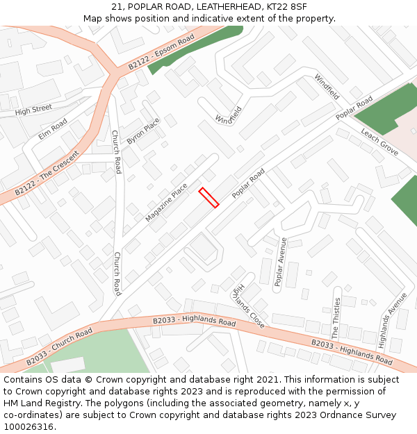 21, POPLAR ROAD, LEATHERHEAD, KT22 8SF: Location map and indicative extent of plot