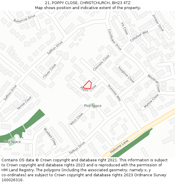 21, POPPY CLOSE, CHRISTCHURCH, BH23 4TZ: Location map and indicative extent of plot