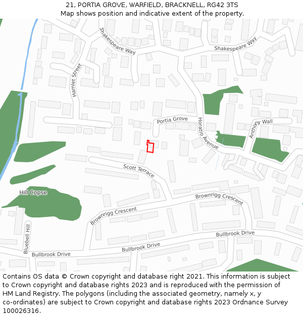 21, PORTIA GROVE, WARFIELD, BRACKNELL, RG42 3TS: Location map and indicative extent of plot