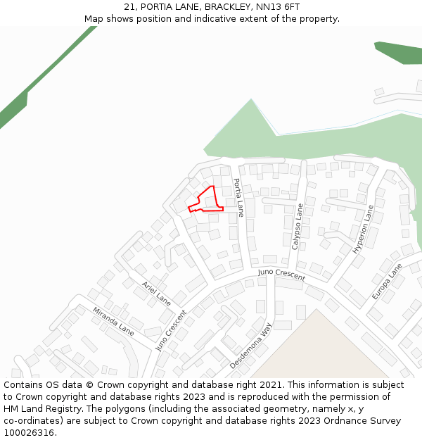 21, PORTIA LANE, BRACKLEY, NN13 6FT: Location map and indicative extent of plot