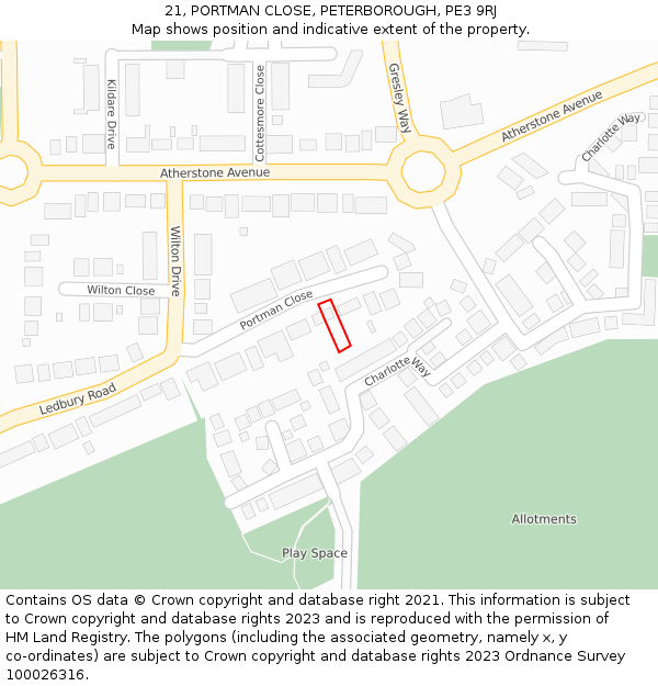 21, PORTMAN CLOSE, PETERBOROUGH, PE3 9RJ: Location map and indicative extent of plot