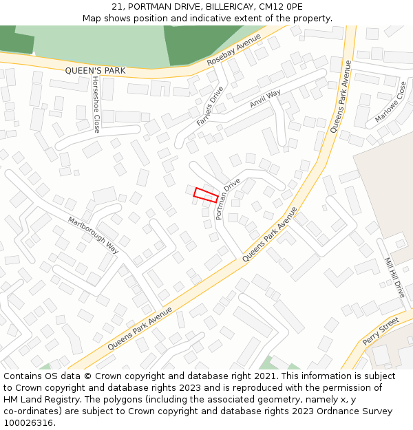 21, PORTMAN DRIVE, BILLERICAY, CM12 0PE: Location map and indicative extent of plot