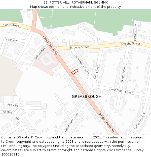 21, POTTER HILL, ROTHERHAM, S61 4NX: Location map and indicative extent of plot