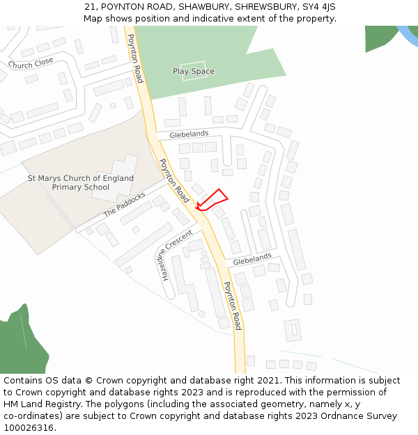 21, POYNTON ROAD, SHAWBURY, SHREWSBURY, SY4 4JS: Location map and indicative extent of plot