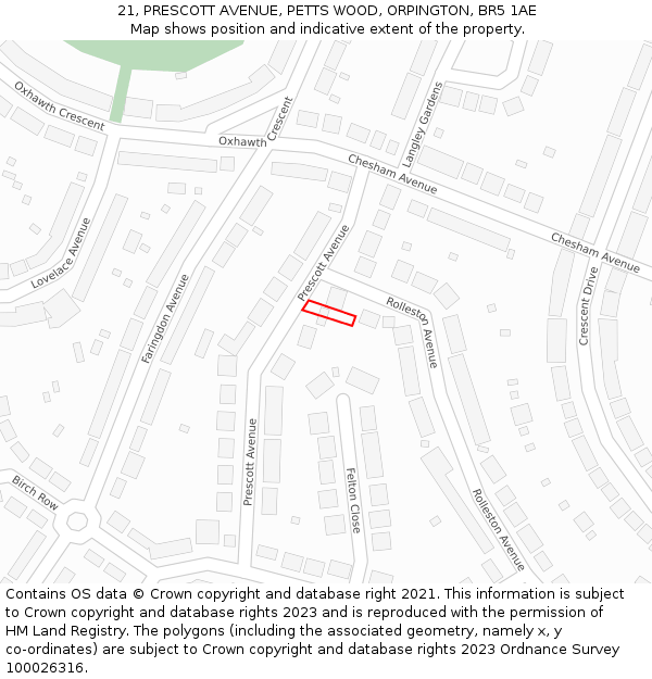 21, PRESCOTT AVENUE, PETTS WOOD, ORPINGTON, BR5 1AE: Location map and indicative extent of plot