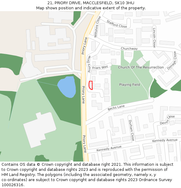 21, PRIORY DRIVE, MACCLESFIELD, SK10 3HU: Location map and indicative extent of plot