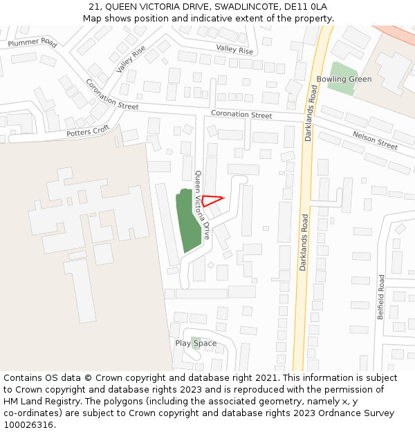 21, QUEEN VICTORIA DRIVE, SWADLINCOTE, DE11 0LA: Location map and indicative extent of plot