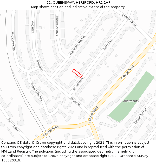 21, QUEENSWAY, HEREFORD, HR1 1HF: Location map and indicative extent of plot