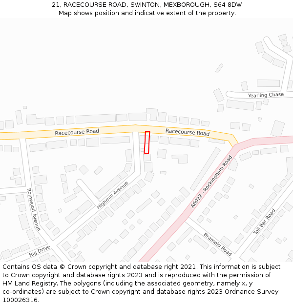 21, RACECOURSE ROAD, SWINTON, MEXBOROUGH, S64 8DW: Location map and indicative extent of plot