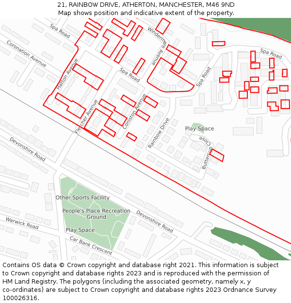 21, RAINBOW DRIVE, ATHERTON, MANCHESTER, M46 9ND: Location map and indicative extent of plot