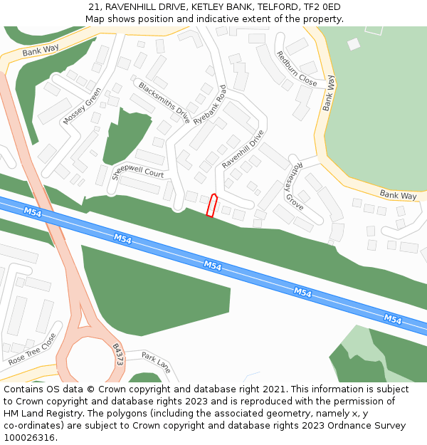 21, RAVENHILL DRIVE, KETLEY BANK, TELFORD, TF2 0ED: Location map and indicative extent of plot