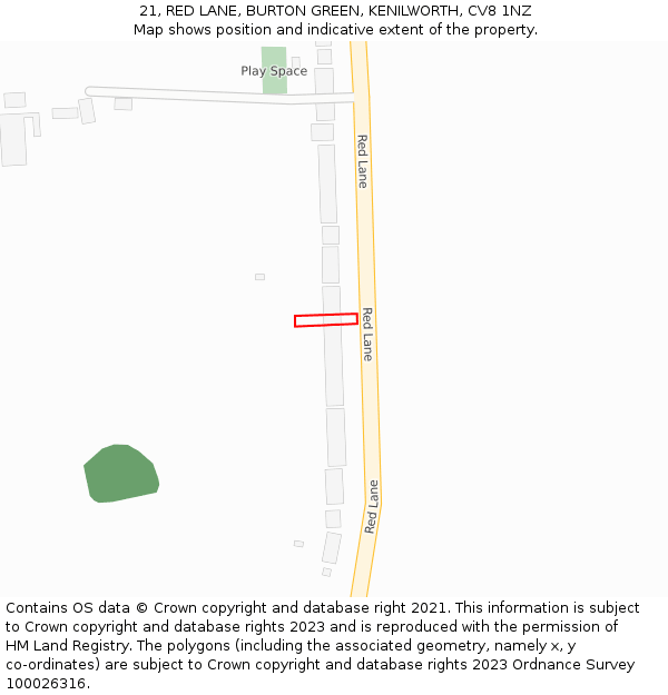 21, RED LANE, BURTON GREEN, KENILWORTH, CV8 1NZ: Location map and indicative extent of plot