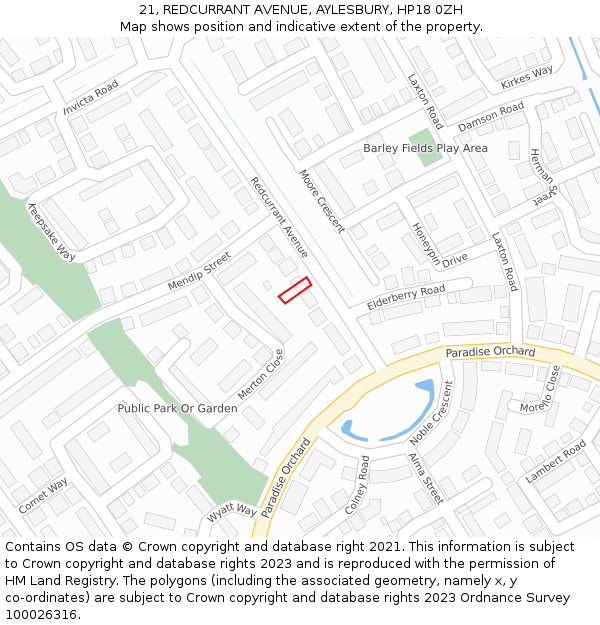 21, REDCURRANT AVENUE, AYLESBURY, HP18 0ZH: Location map and indicative extent of plot