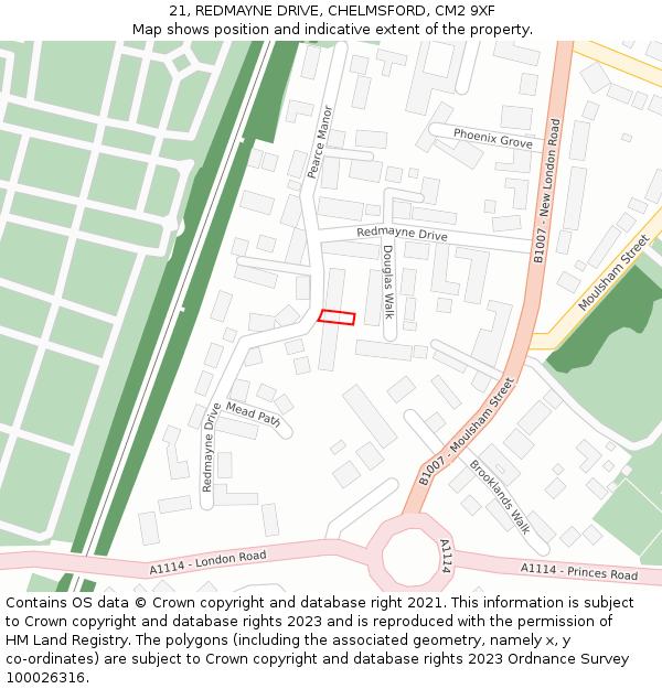 21, REDMAYNE DRIVE, CHELMSFORD, CM2 9XF: Location map and indicative extent of plot