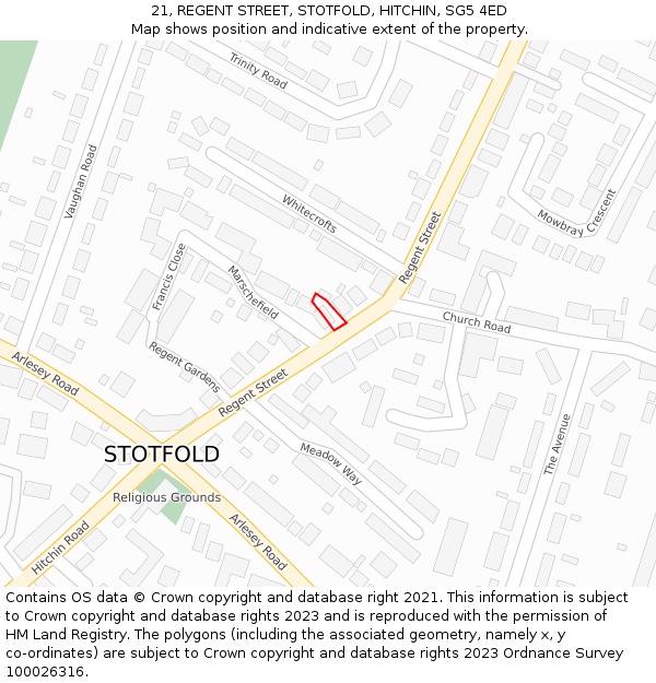 21, REGENT STREET, STOTFOLD, HITCHIN, SG5 4ED: Location map and indicative extent of plot