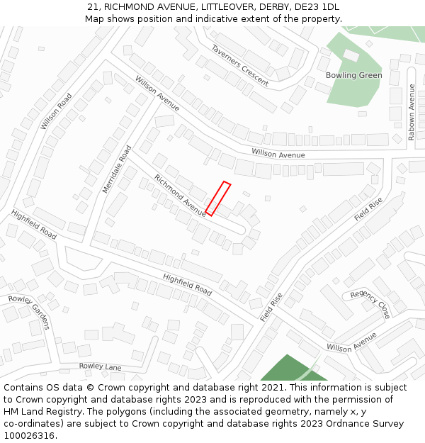 21, RICHMOND AVENUE, LITTLEOVER, DERBY, DE23 1DL: Location map and indicative extent of plot