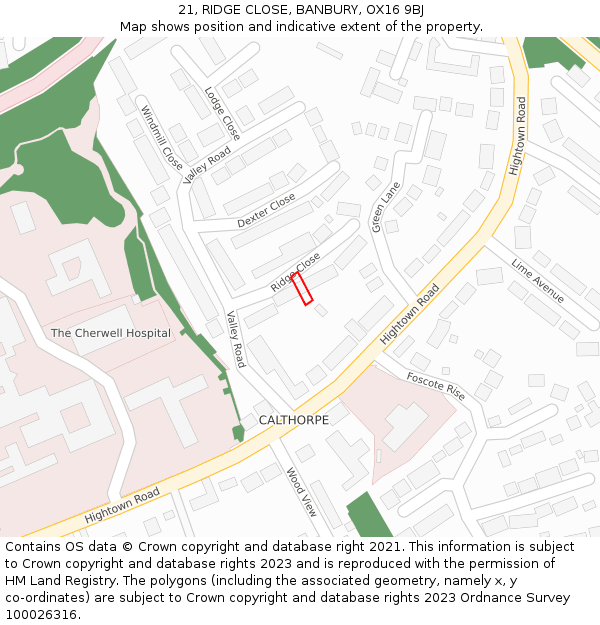 21, RIDGE CLOSE, BANBURY, OX16 9BJ: Location map and indicative extent of plot