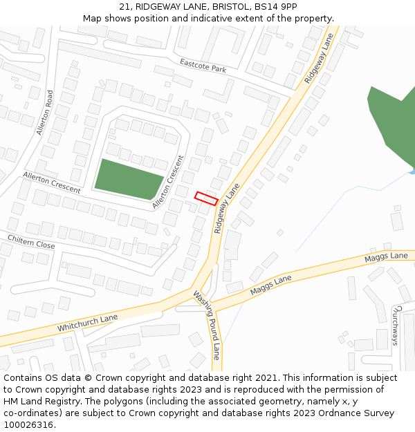21, RIDGEWAY LANE, BRISTOL, BS14 9PP: Location map and indicative extent of plot