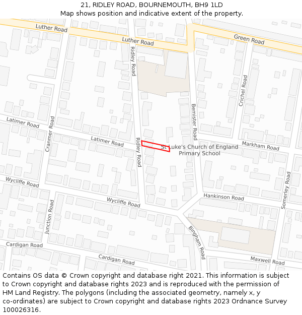 21, RIDLEY ROAD, BOURNEMOUTH, BH9 1LD: Location map and indicative extent of plot