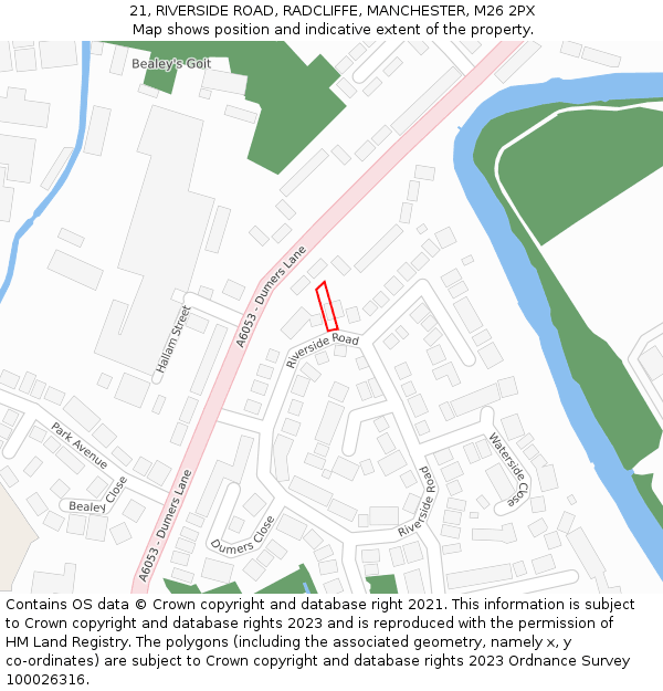21, RIVERSIDE ROAD, RADCLIFFE, MANCHESTER, M26 2PX: Location map and indicative extent of plot