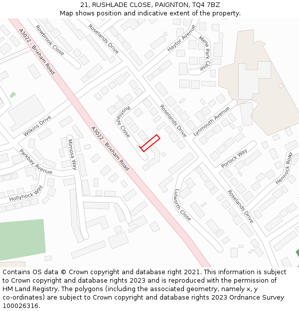 21, RUSHLADE CLOSE, PAIGNTON, TQ4 7BZ: Location map and indicative extent of plot