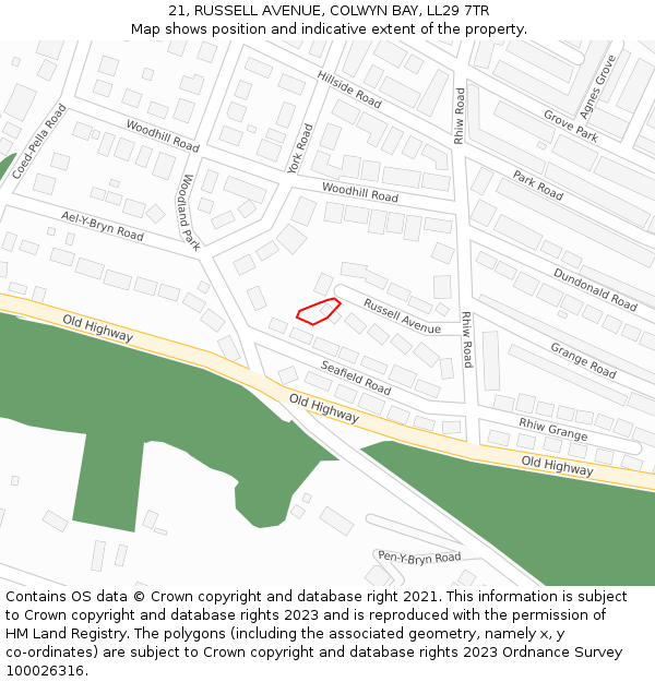 21, RUSSELL AVENUE, COLWYN BAY, LL29 7TR: Location map and indicative extent of plot